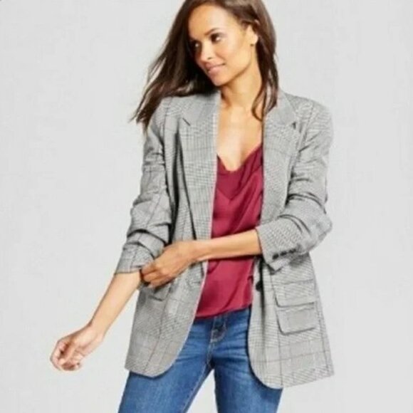 a new day Jackets & Blazers - NEW A New Day Womens Blazer Jacket Size 14 Gray Plaid Chic Professional Preppy